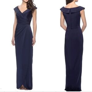 NEW La Femme Surplice Off the Shoulder Column Gown NAVY Size 2